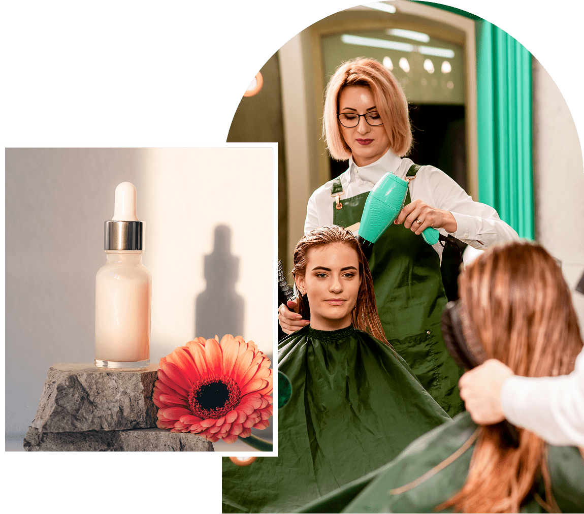 Hairdresser styling hair with blow dryer.