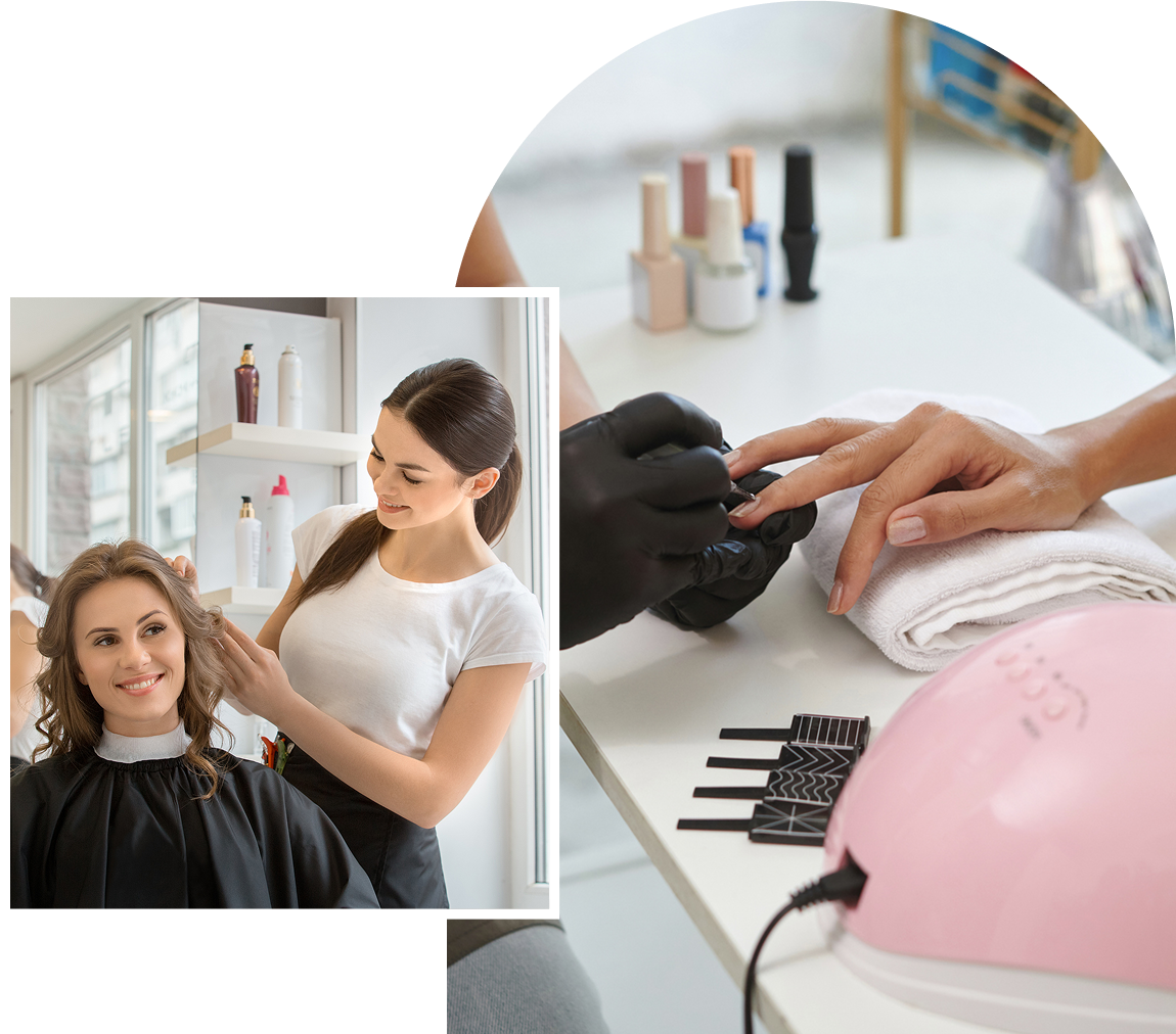 Hair styling and manicure services in salon.