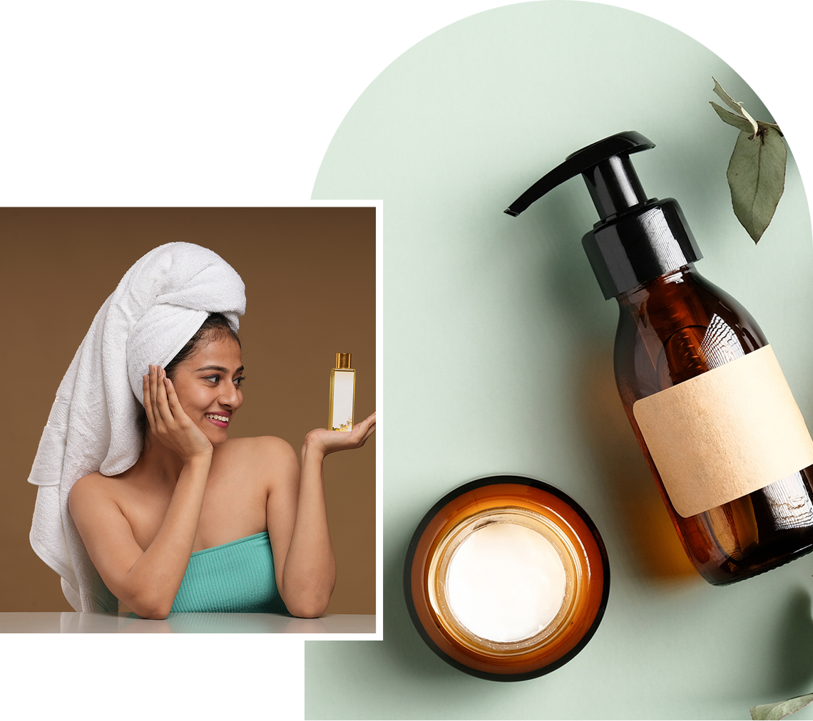 Woman with towel holding skincare product.