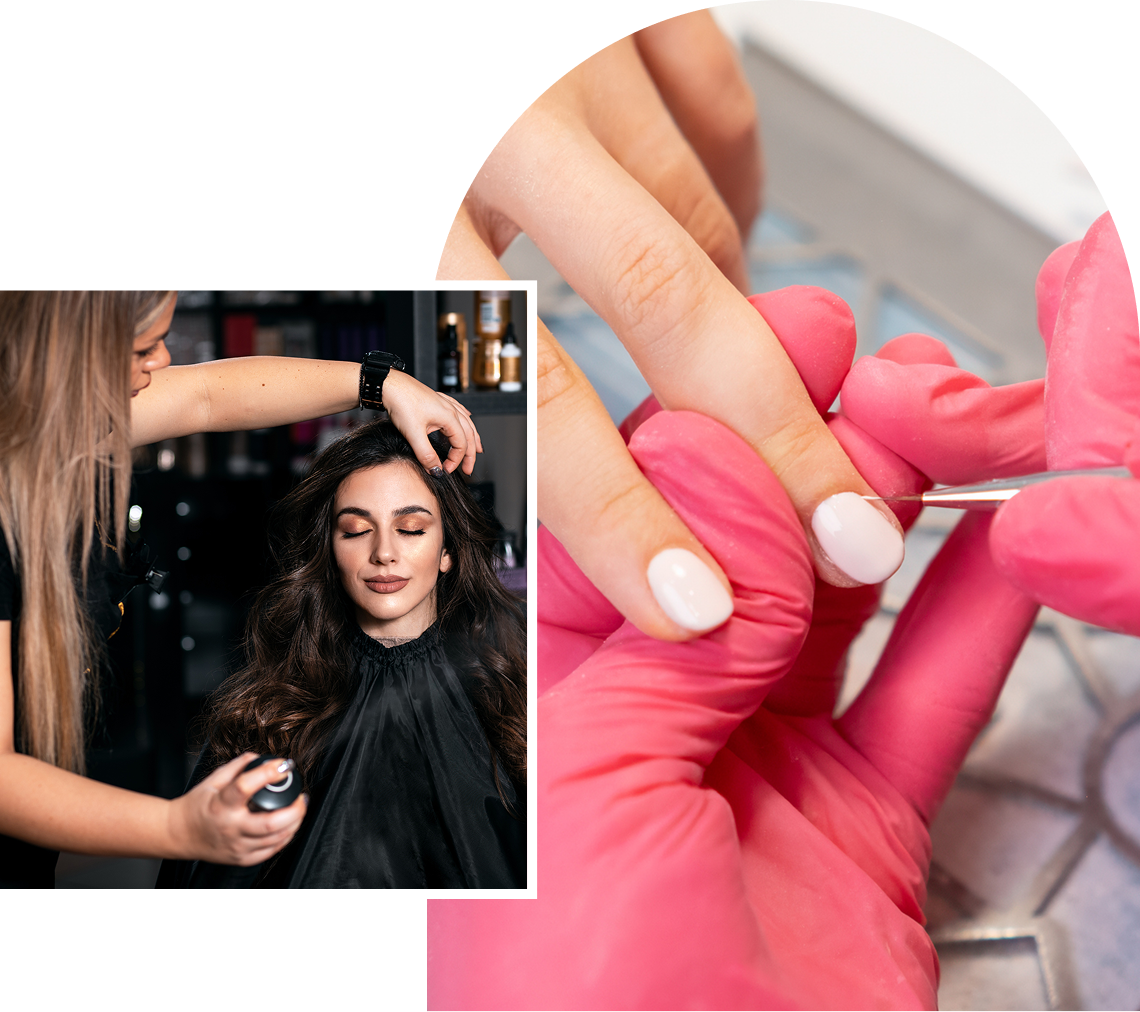 Hair styling and nail care services.