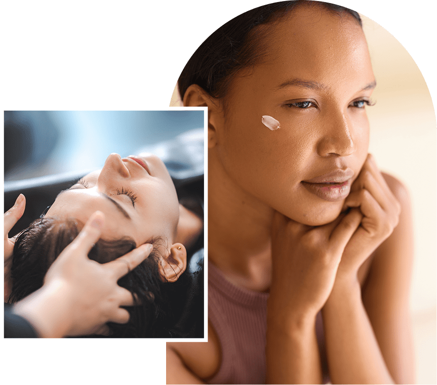 Woman skincare and relaxing hair massage.