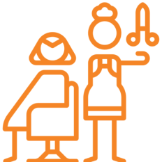 Hairdresser and customer icon with scissors.