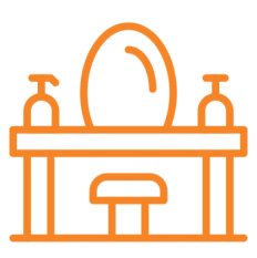 Vanity table icon with mirror and bottles.